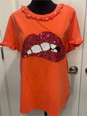 Miao Miao Orange Sequin Lip Graphic Tee
